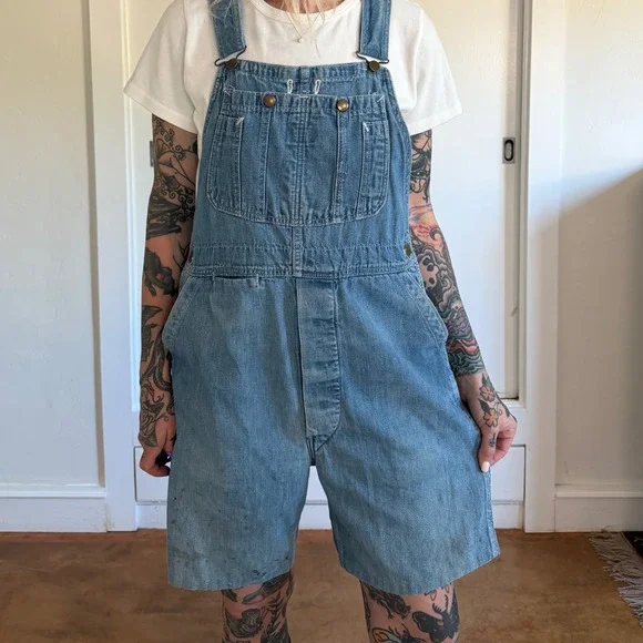 Vintage 1970s Gap Denim Shorts Medium Wash Workwear Overalls Carpenter - Picture 5 of 9